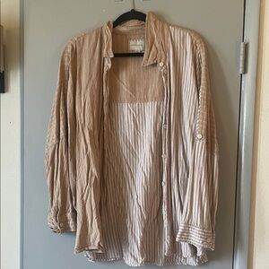 American Eagle Oversized Striped Long Sleeve Button Down Shirt— Tan Beige Cream